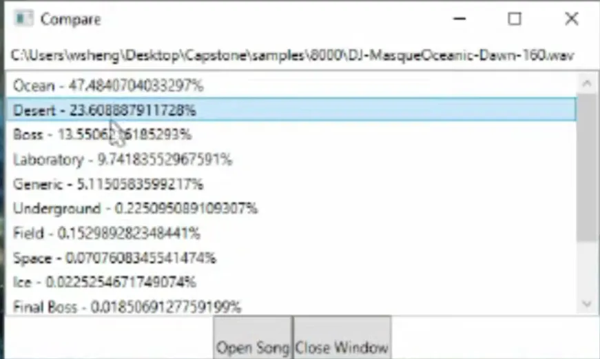 Screenshot showcasing the music identification capabilities of the program